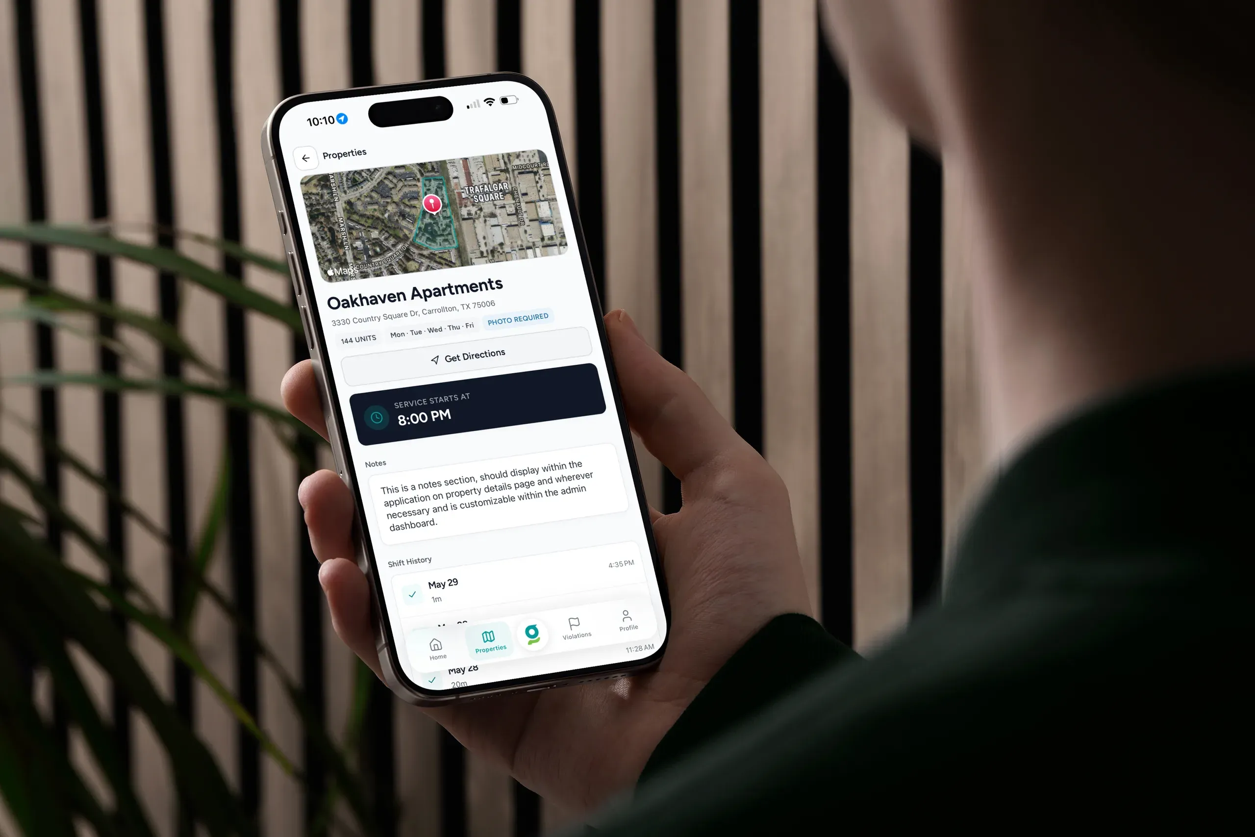 A property in the crew app: service window, notes and shift history