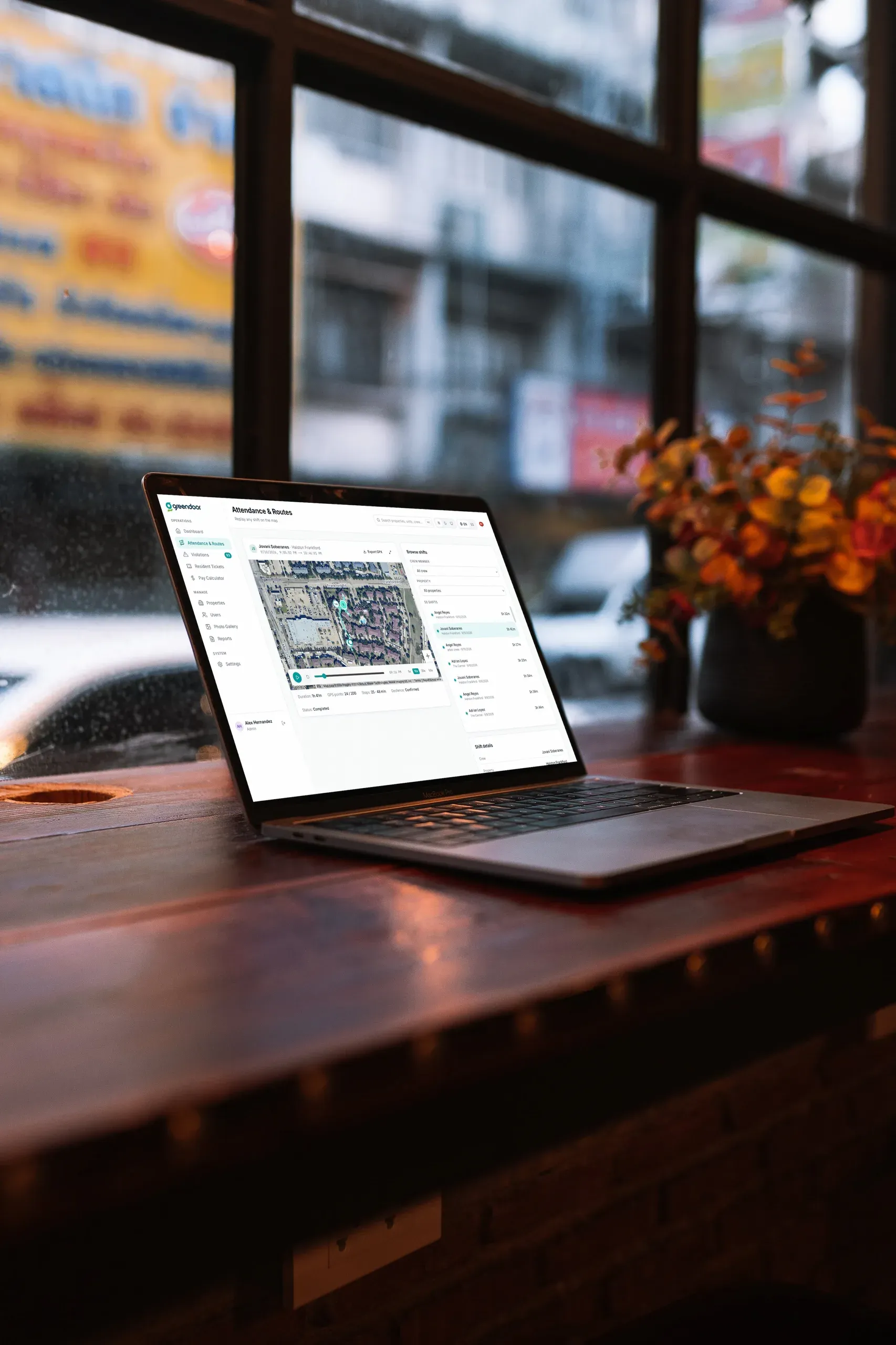 The Green Door operations dashboard replaying a shift on a map