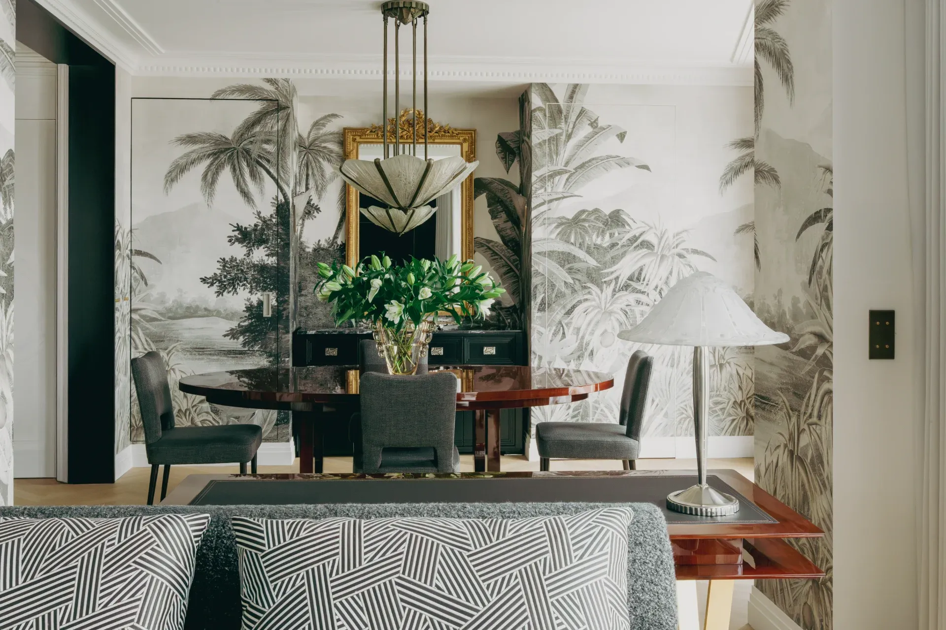 A dining room by Allen Kirsch with a hand-painted mural